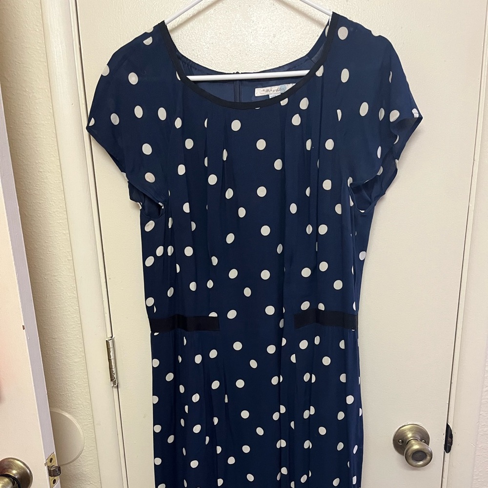 Boden | Easy Day Navy Polka Dot Cap Sleeve Sheath Midi Dress Size 12 R WH621